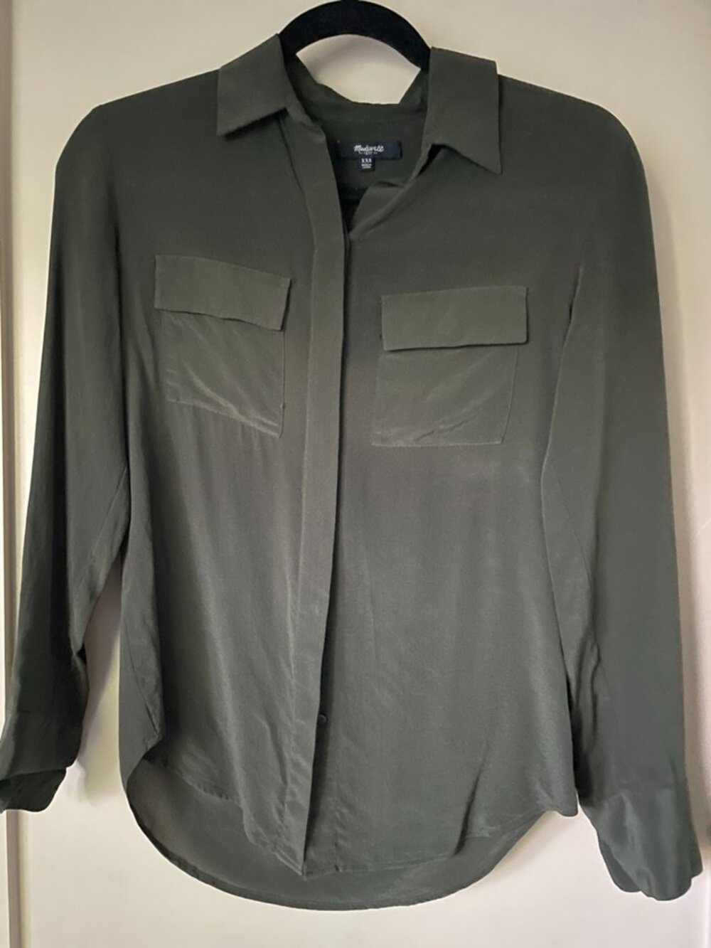 Madewell Silk Flap-Pocket Button-Up Shirt, Dark Olive Green, Women's XXS